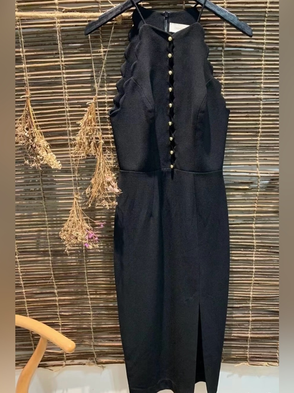 Zimmermann Classic Black Scallop Neck Midi Dress with Gold Buttons